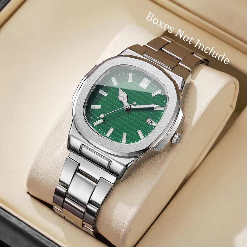 Veltora men's luxury business watch with square dial, stainless steel strap, quartz movement, and calendar display.
