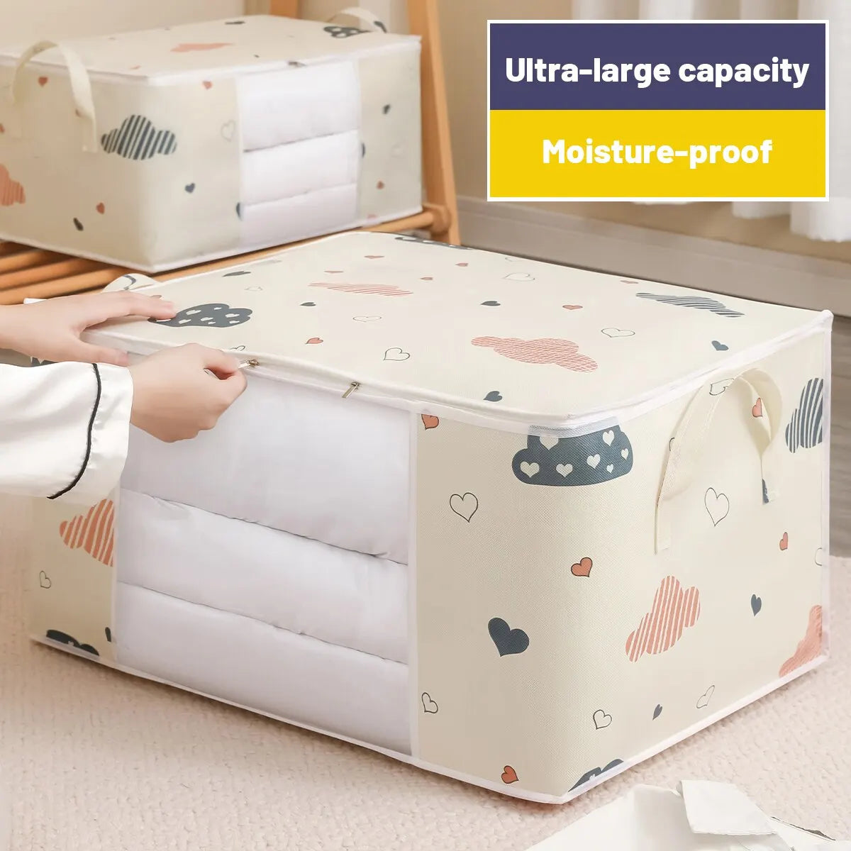 Veltora large capacity clothes storage bag with reinforced handle, sturdy zipper, ideal for blankets and bedding, foldable and durable.