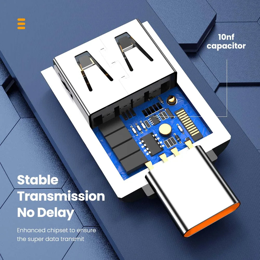 Veltora 10A OTG USB 3.0 to Type C adapter showing USB female port and Type C male connector for fast charging and data transfer.