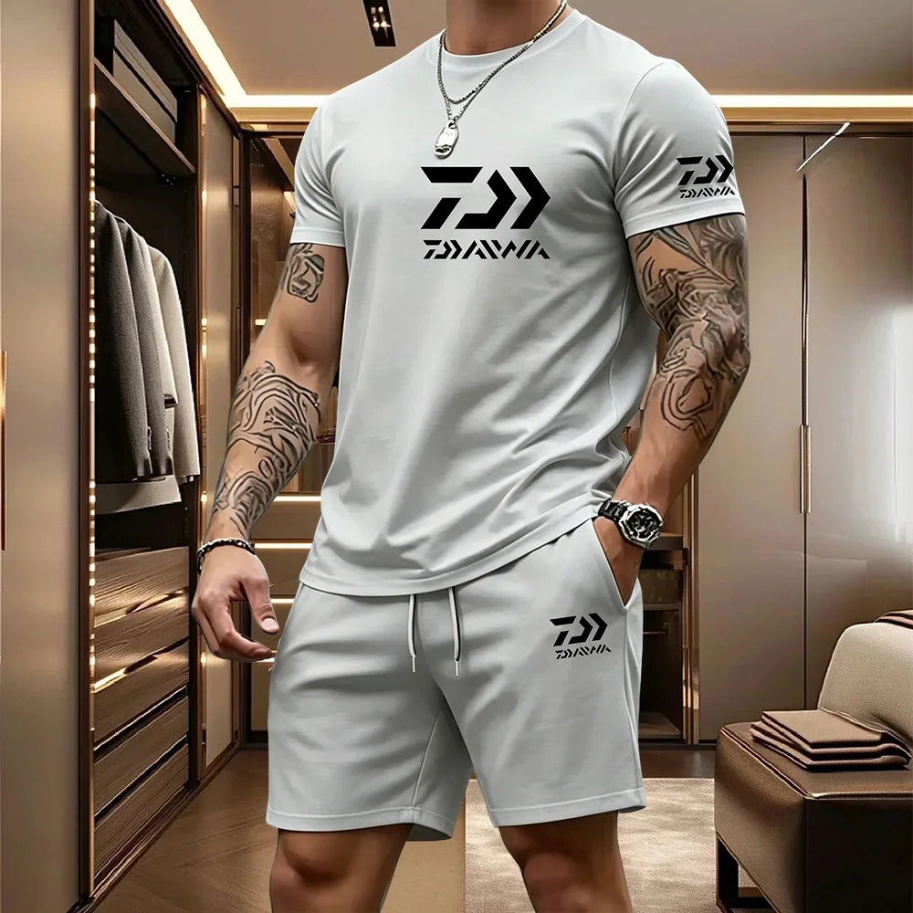 Veltora 2026 summer men's short-sleeve T-shirt and drawstring shorts outdoor sports set, breathable fabric for fishing and daily wear