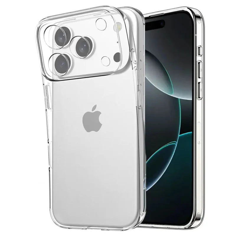Veltora ultra-thin clear TPU phone case for iPhone models, transparent silicone cover showing phone edges and buttons.