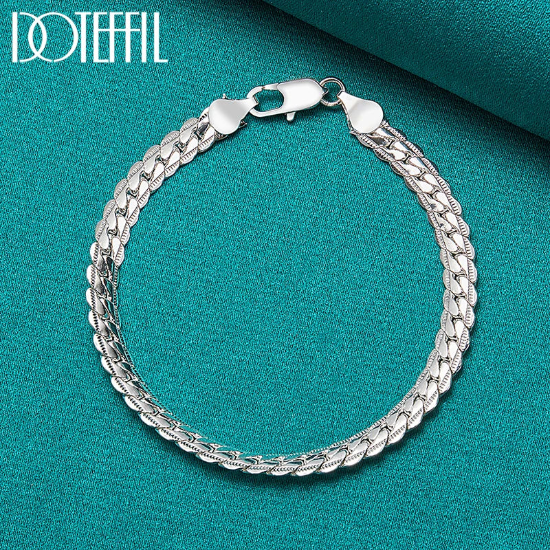 Veltora DOTEFFIL 925 silver bracelet with 6mm flat side chain, lobster clasp, available in 18-20cm, for women and men wedding jewelry