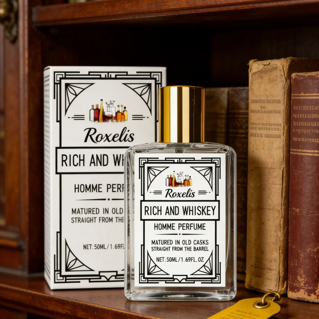 Veltora Roxelis whiskey scent perfume for men, 50ml, featuring a sleek bottle with a light, lasting fragrance boost and elegant design.