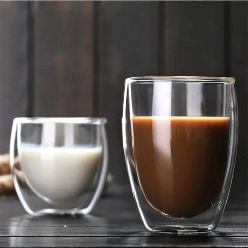 Veltora double wall insulated glass cup in clear with 5 sizes, ideal for espresso, coffee, tea, milk, beer, or whiskey drinks