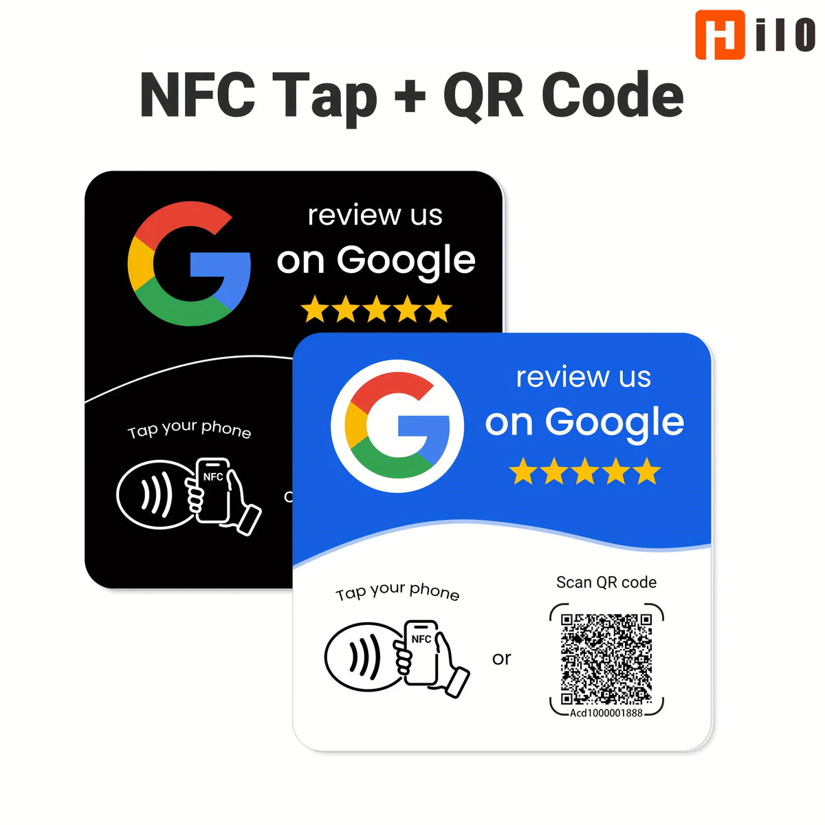 Veltora Hilo Programmable NFC 215 Square review card with QR code, standing table card, editable NFC station at 13.56MHz.