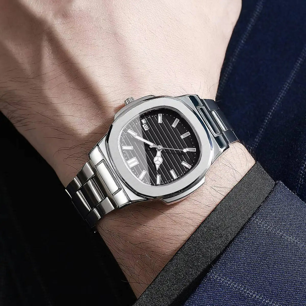 Veltora men's luxury business watch with square dial, stainless steel strap, quartz movement, and calendar display