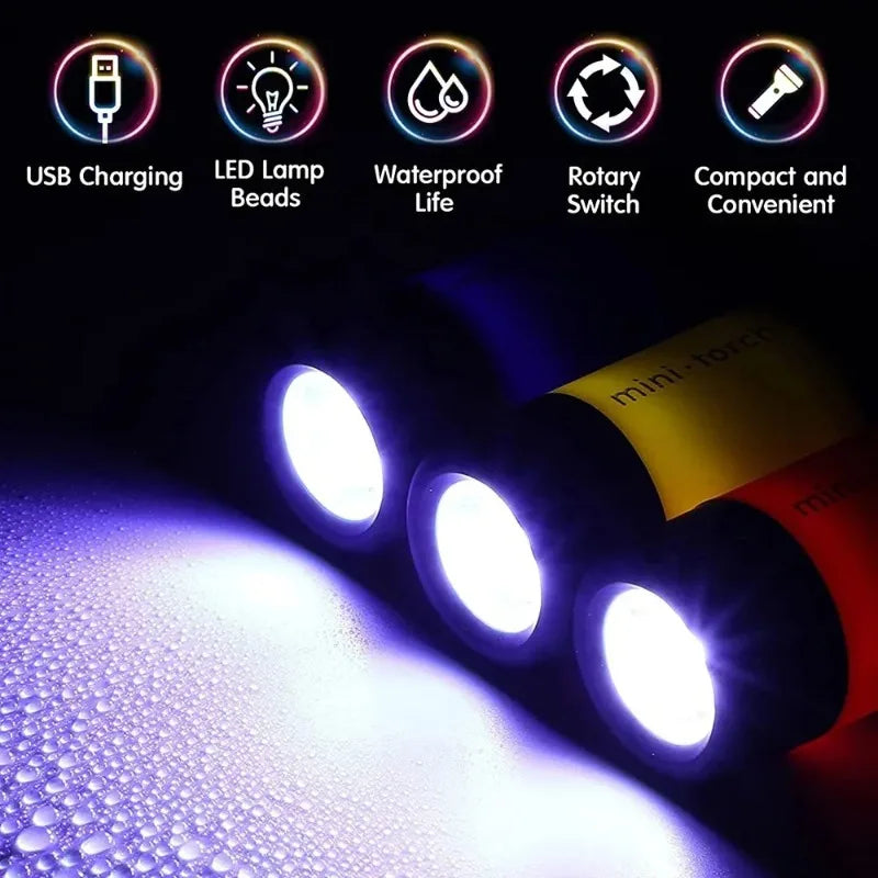 Veltora waterproof pocket keychain flashlight with LED light, USB rechargeable, compact for outdoor hiking and camping.