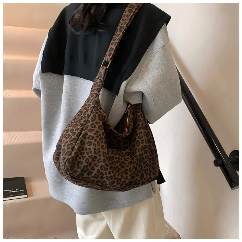 Veltora women's shoulder bag with large capacity, leopard print, soft textile, retro crossbody style for casual outings.
