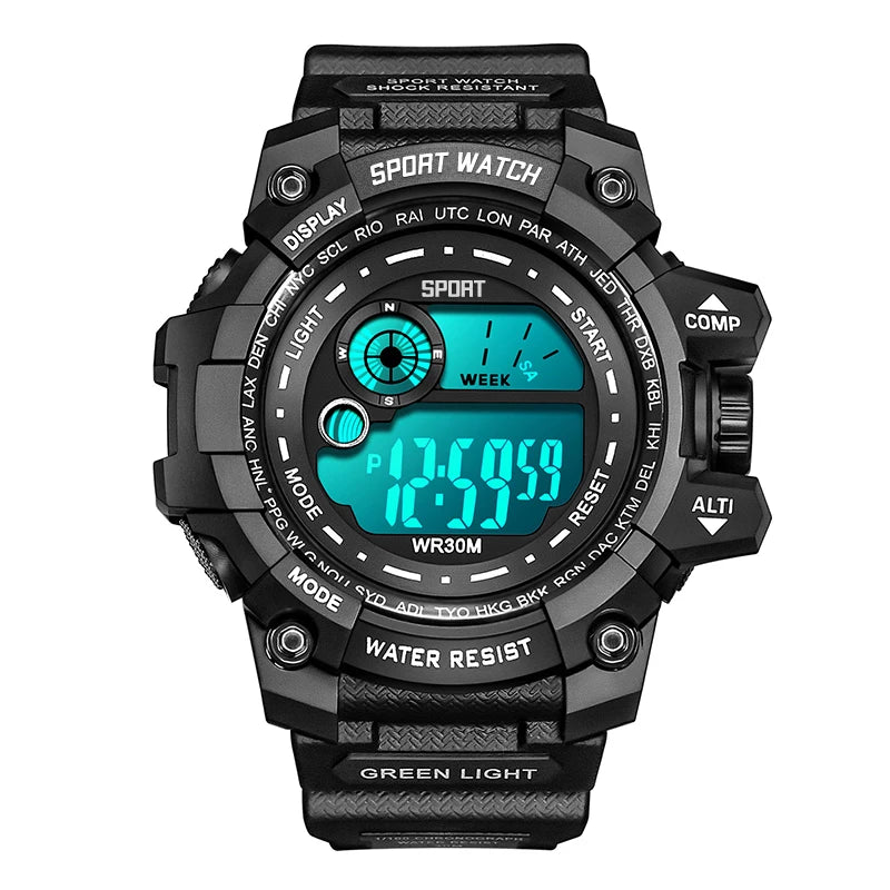 Veltora men's LED digital sports watch with luminous display, waterproof military-style design, and date function.