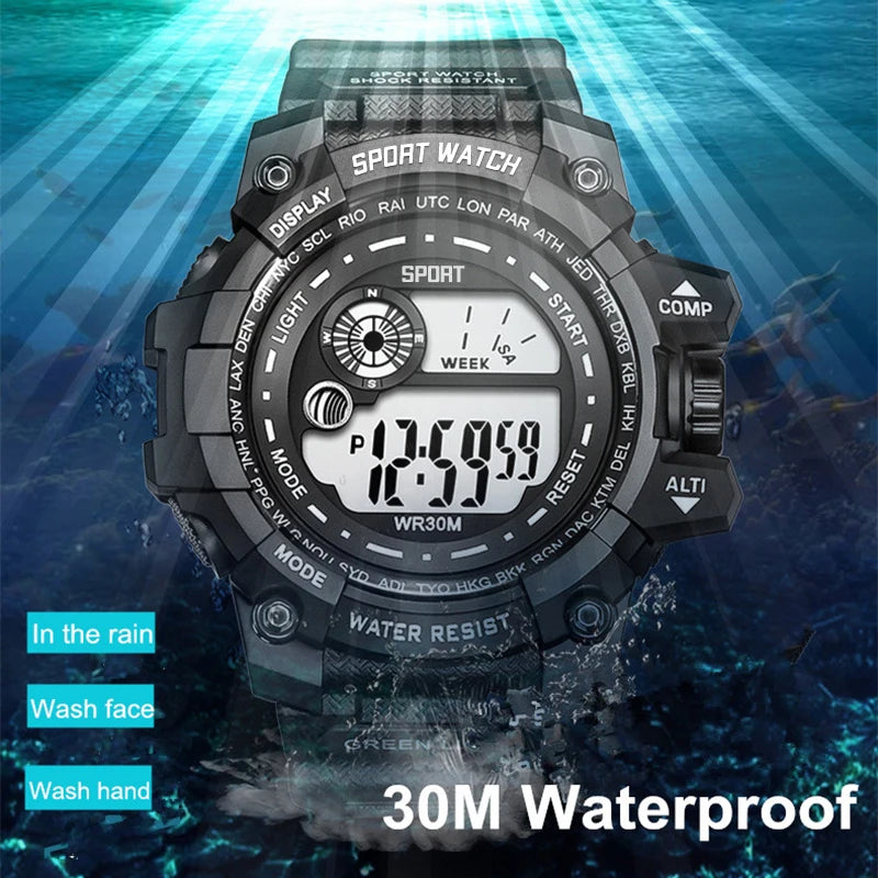 Veltora men's LED digital watch with luminous display, waterproof sport design, military-style military clock, and date function.