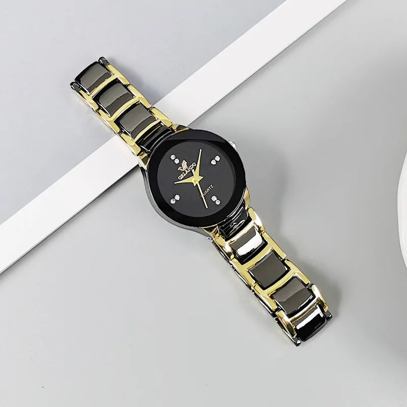 Veltora men's black dial steel quartz business watch with sleek design and silver accents on a black strap.