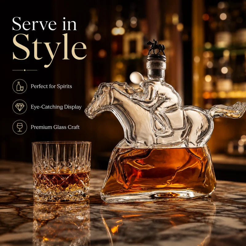 Veltora racing horse jockey glass decanter with crystal liquor bottle for whiskey storage and bar decor, premium gift for men