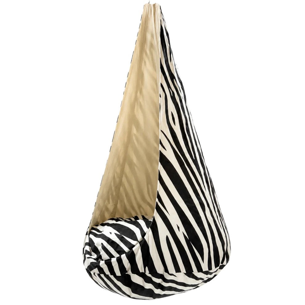 Bees&blooms Cocoon Swing for Kids in zebra print, XXL size, with soft fabric and sturdy ropes, designed for children's outdoor play.