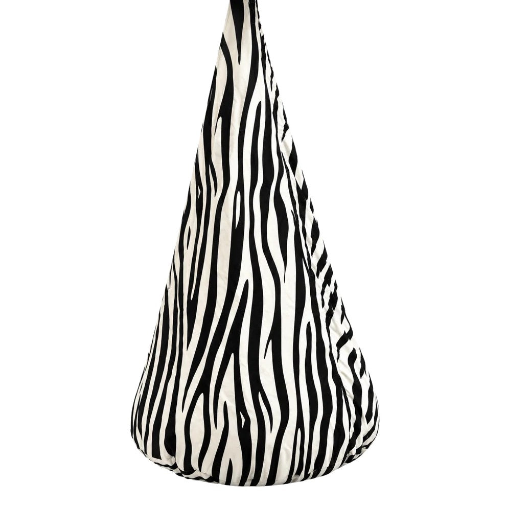 Bees&blooms zebra-shaped XXL cocoon swing for kids, showing a cozy hanging seat with zebra print fabric.