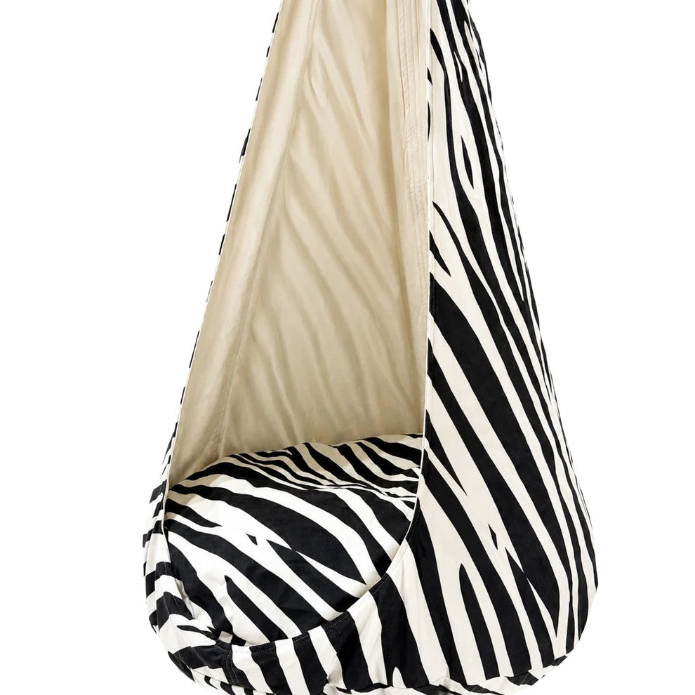 Bees&blooms Cocoon Swing for Kids in Zebra XXL, colorful fabric hammock with sturdy ropes for outdoor play.