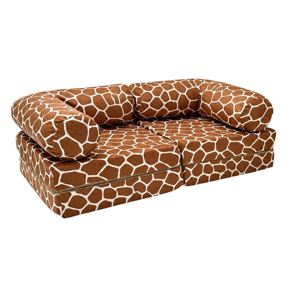 HoneyHug soft modular children's sofa by bees&blooms with giraffe print, featuring plush fabric and colorful, child-friendly design.