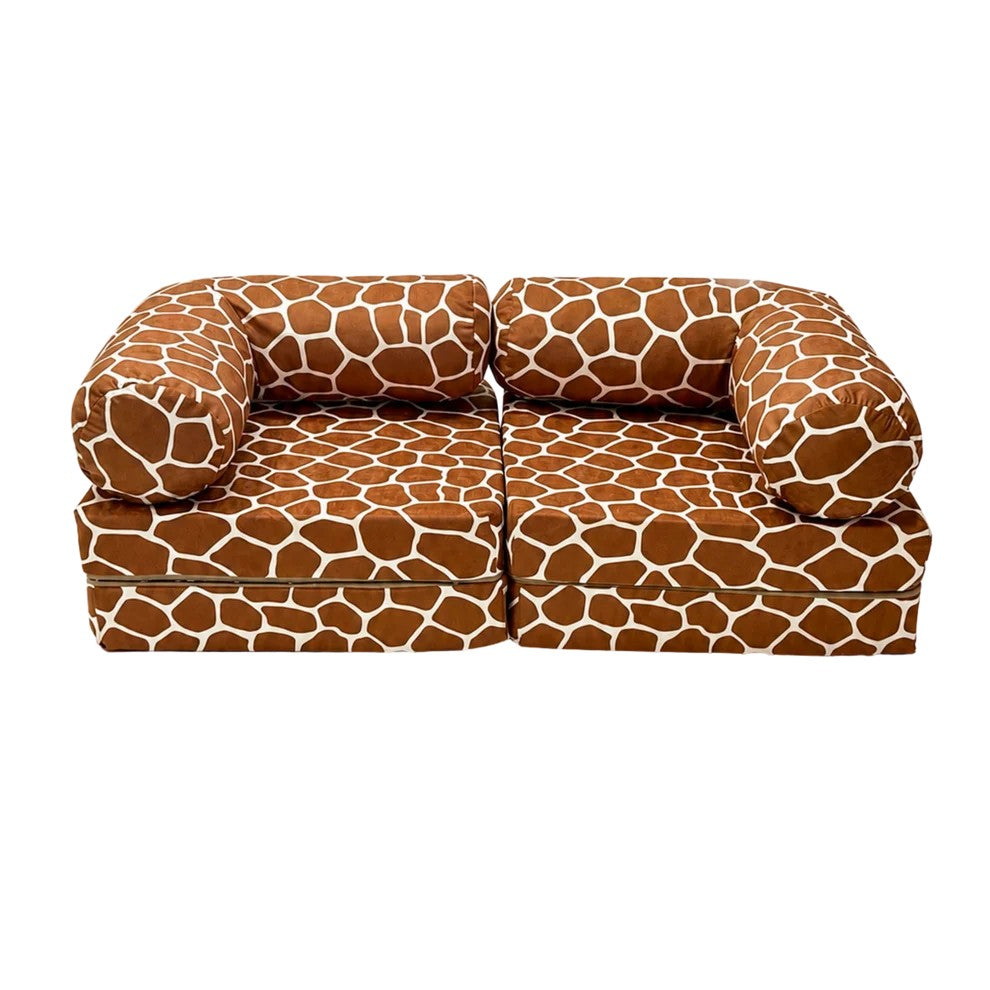 Bees&blooms HoneyHug soft modular children's sofa in giraffe print, featuring plush fabric and flexible seating for kids.