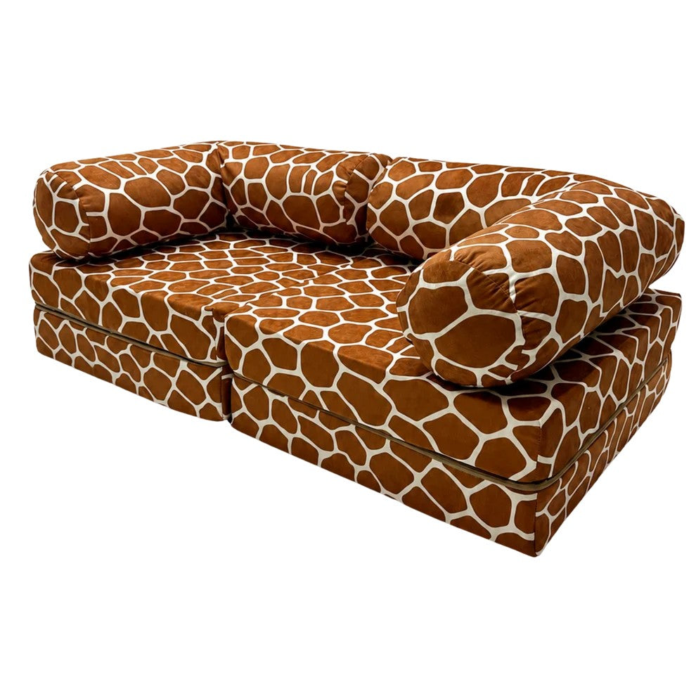 HoneyHug soft modular children's sofa by bees&blooms featuring a playful giraffe design with colorful fabric cushions.