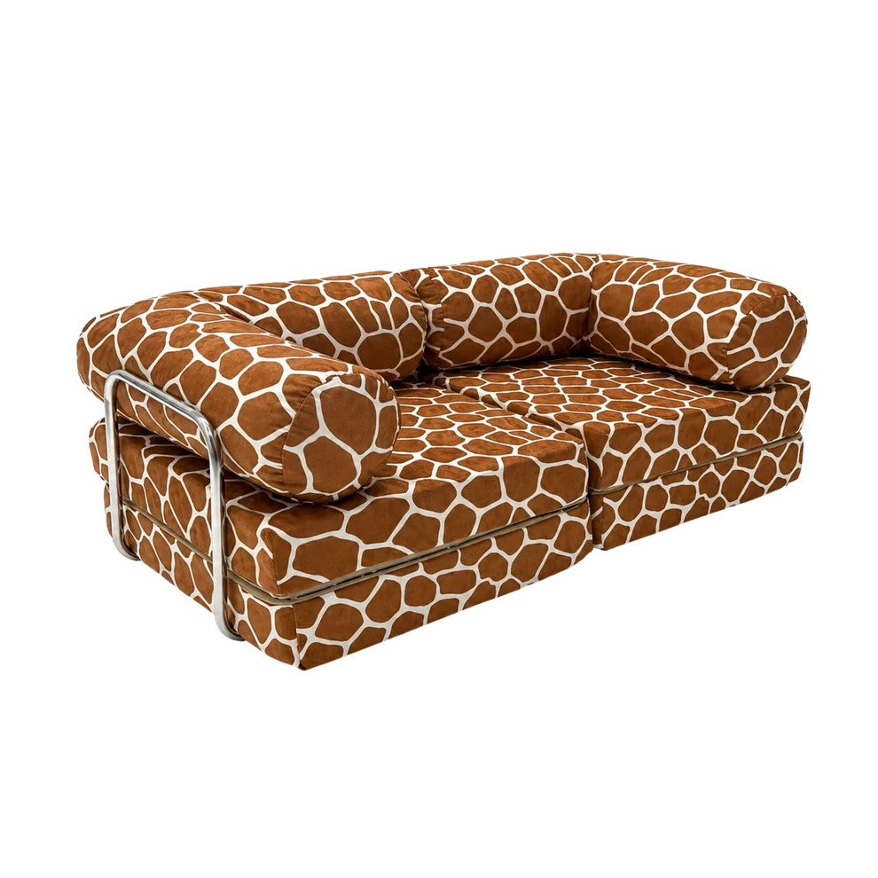 Bees&blooms HoneyHug soft modular sofa for children in giraffe print, featuring colorful plush cushions and a cozy design.