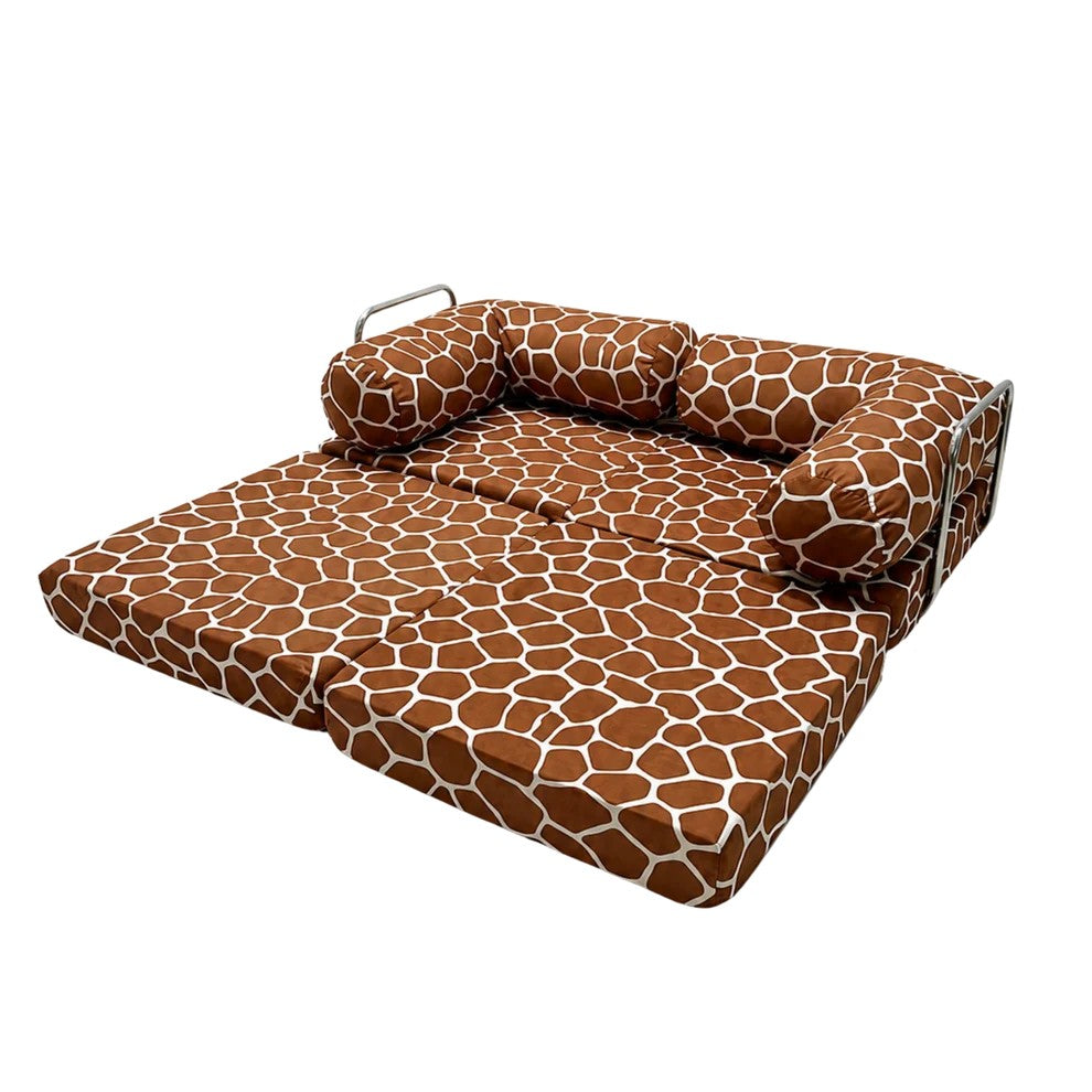 Bees&blooms HoneyHug soft modular children's sofa in giraffe print, cozy and colorful for kids' playroom or bedroom.