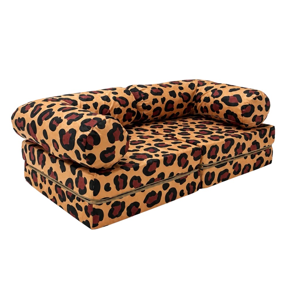 Bees&blooms HoneyHug soft modular sofa for children in leopard print, featuring plush fabric and flexible seating options.