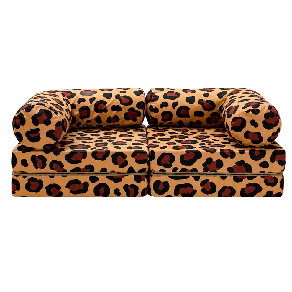 Bees&blooms HoneyHug soft modular sofa for children in leopard print, with plush fabric and colorful cushions.