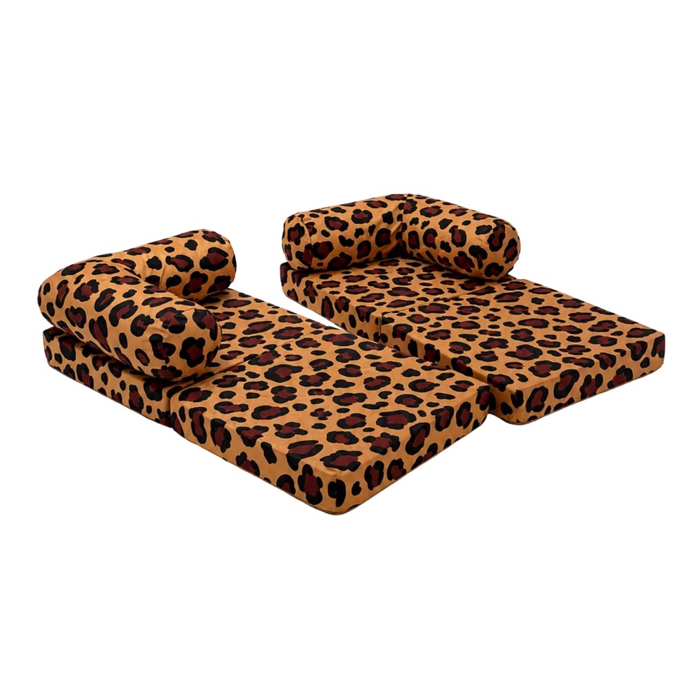 HoneyHug soft modular children's sofa in leopard print by bees&blooms, featuring plush, flexible seating for kids.