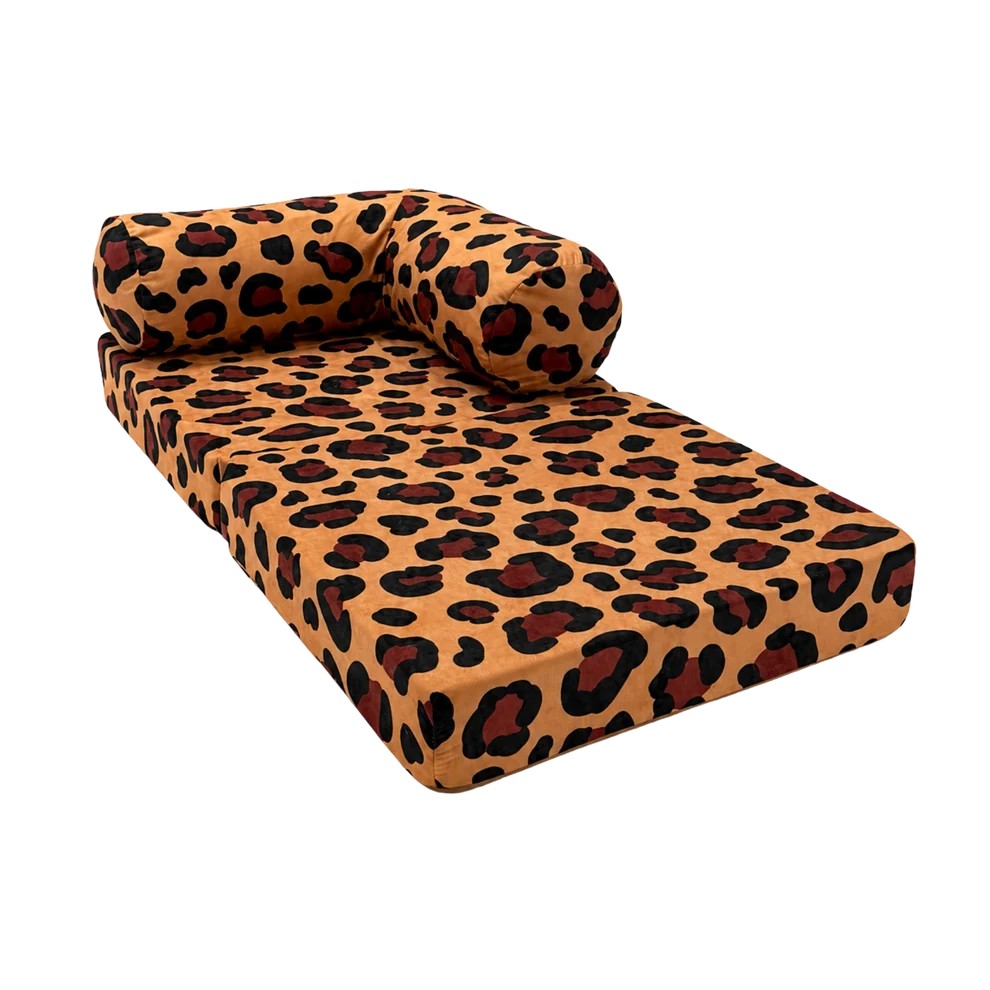 Bees&blooms HoneyHug soft modular sofa for children in leopard print, featuring plush fabric and flexible design for kids' comfort.