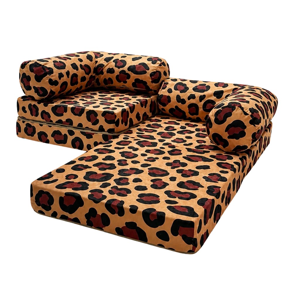 Bees&blooms HoneyHug soft modular sofa for children in leopard print, cozy and plush seating for kids' playroom or bedroom.