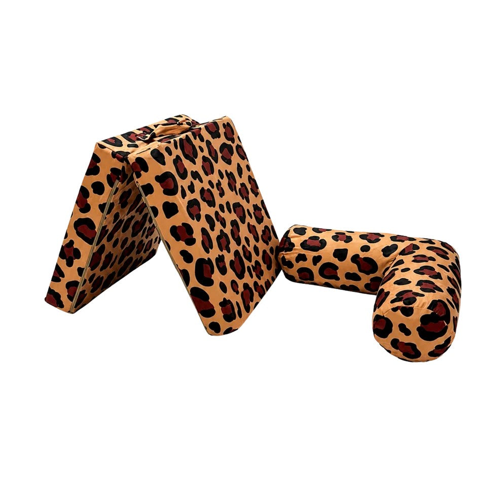 Bees&blooms HoneyHug soft modular children's sofa in leopard print, cozy and flexible for kids' playroom or bedroom.