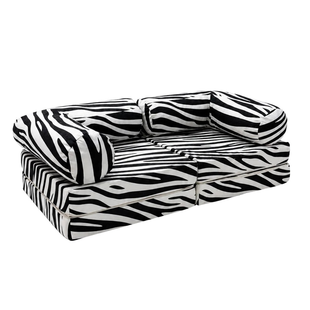 HoneyHug soft modular children's sofa by bees&blooms with zebra print, comfortable and colorful for kids' playroom or lounge area.