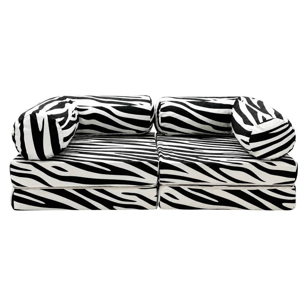 Bees&blooms HoneyHug soft modular children's sofa in zebra print, featuring plush fabric and flexible seating for kids.