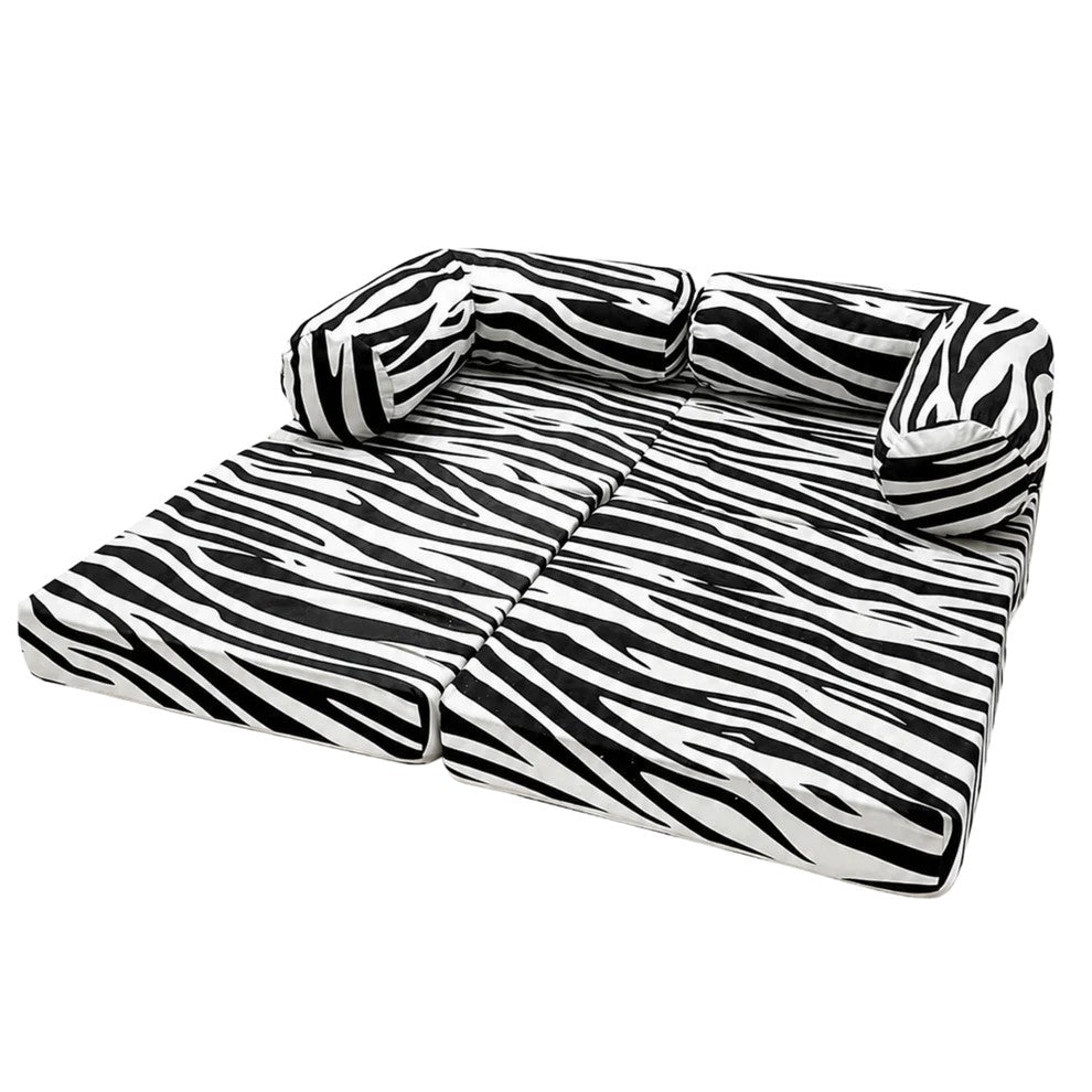 Bees&blooms HoneyHug soft modular sofa for children with zebra print, featuring plush cushions and flexible seating for kids.