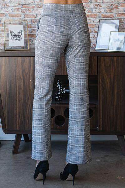 Heimish full-size plaid flare pants with wide waistband, stylish plus-size pants featuring a trendy print and comfortable fit.
