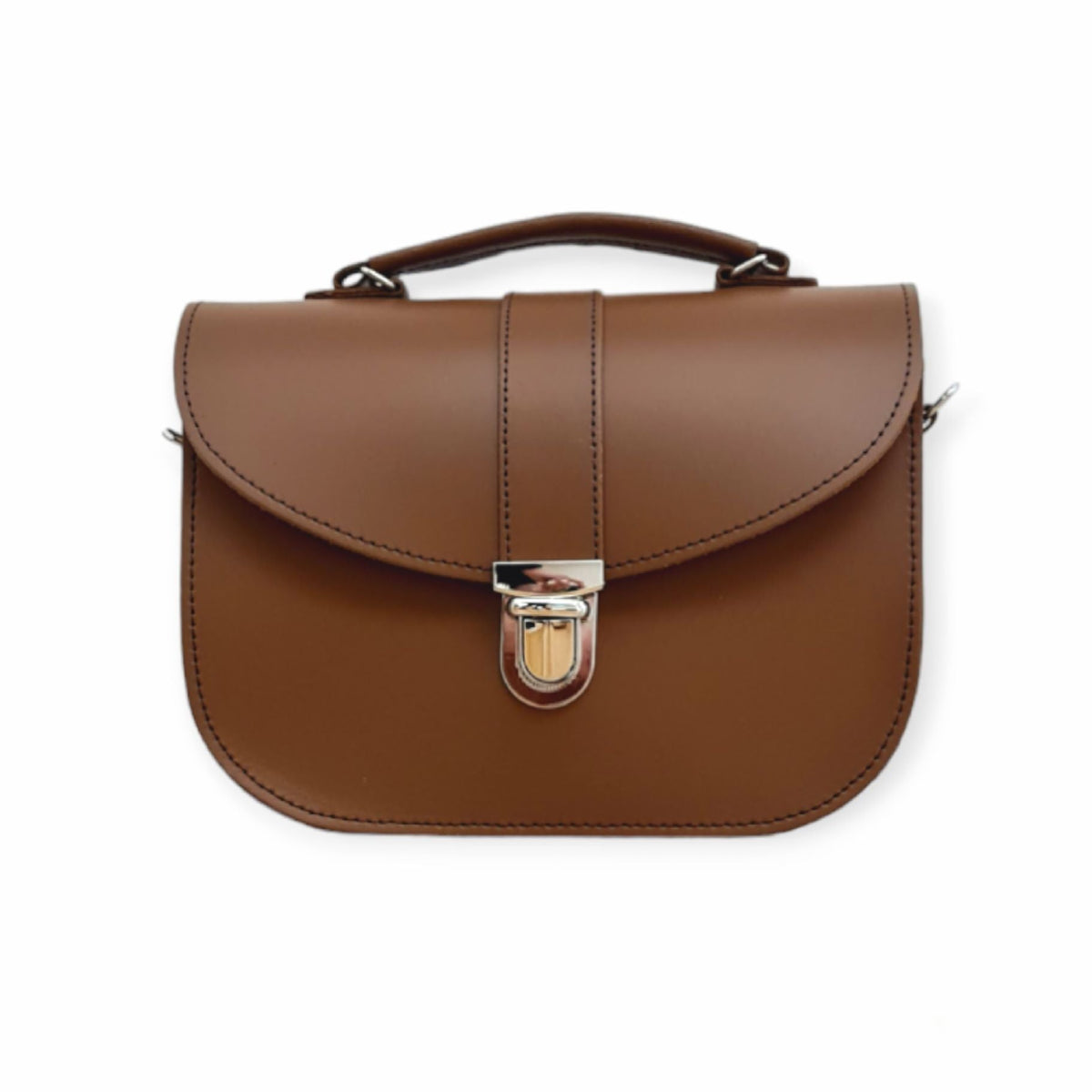 Zatchels Olympia handmade leather crossbody bag in chestnut, showcasing its classic design and smooth leather finish.