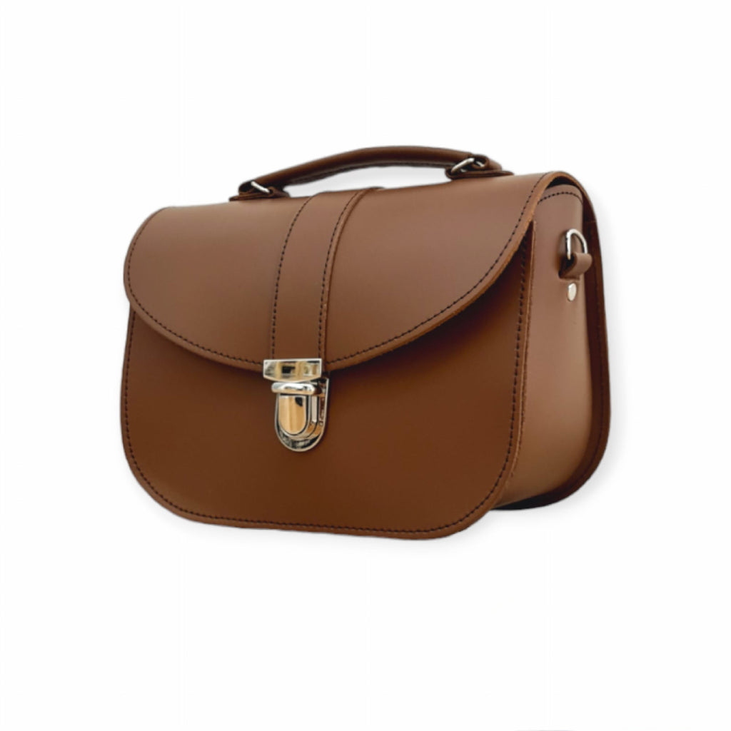 Zatchels Olympia handmade leather cross body bag in chestnut, featuring a sleek design and adjustable strap.