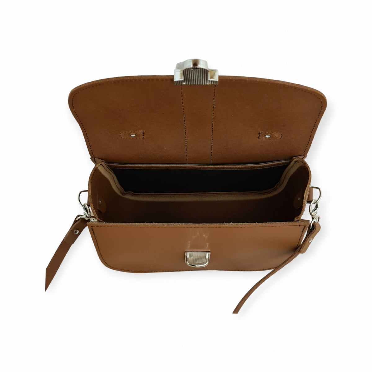 Zatchels Olympia handmade leather crossbody bag in chestnut with adjustable strap and classic design.