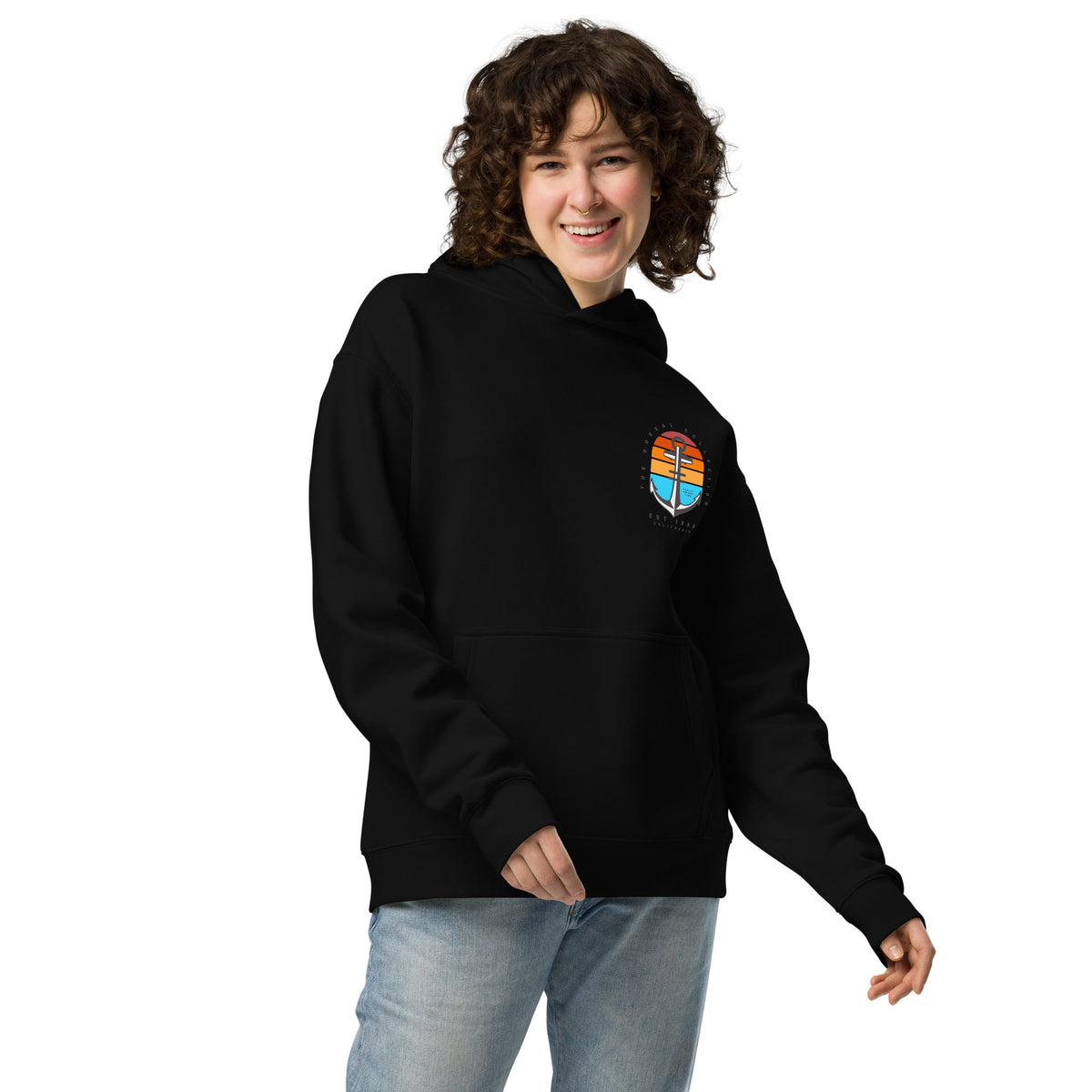 Black DORSAL Anchors Away No Fade Pullover Hoodie with anchor graphic, soft fabric, and comfortable fit.