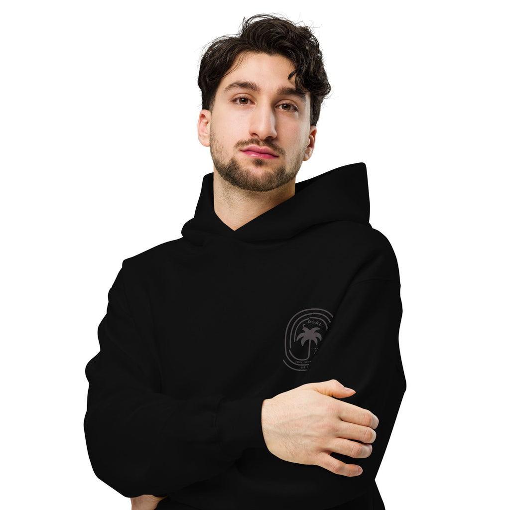 DORSAL® Palm Non-Fade Unisex Pull Over Hoodie, black hoodie with palm print, soft fabric, casual fit, front pocket, and hood.