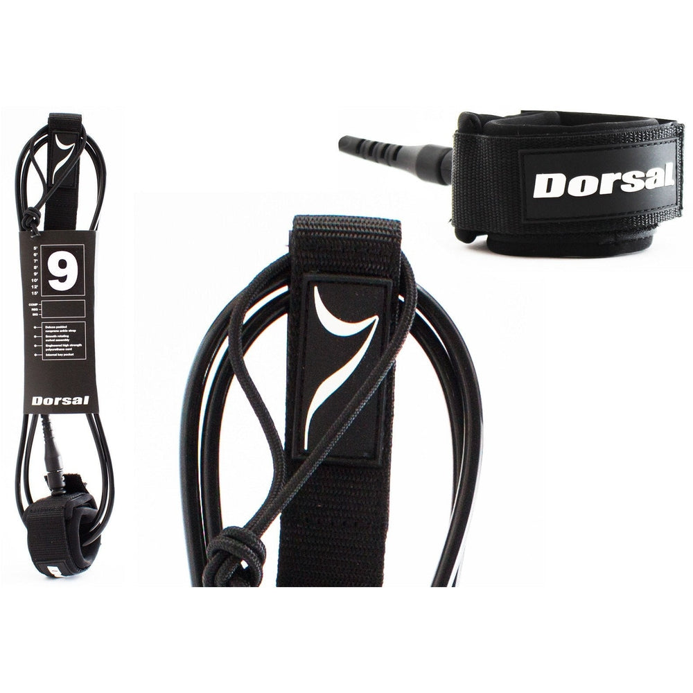 DORSAL Surf Leash for longboard and SUP, black polyurethane surfboard leg rope with adjustable ankle strap.