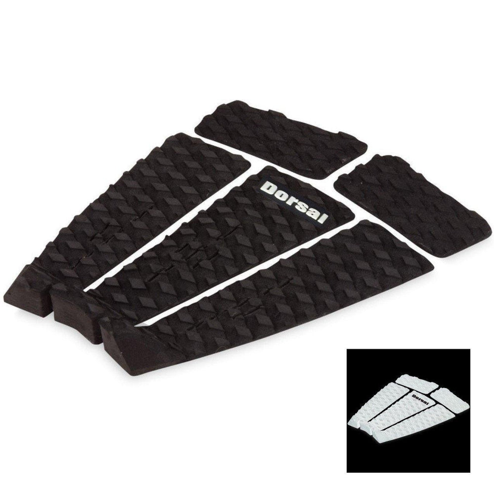 DORSAL Five 5-piece EVA surfboard traction pads with kicker tail in black and white on a surfboard for grip and stability.