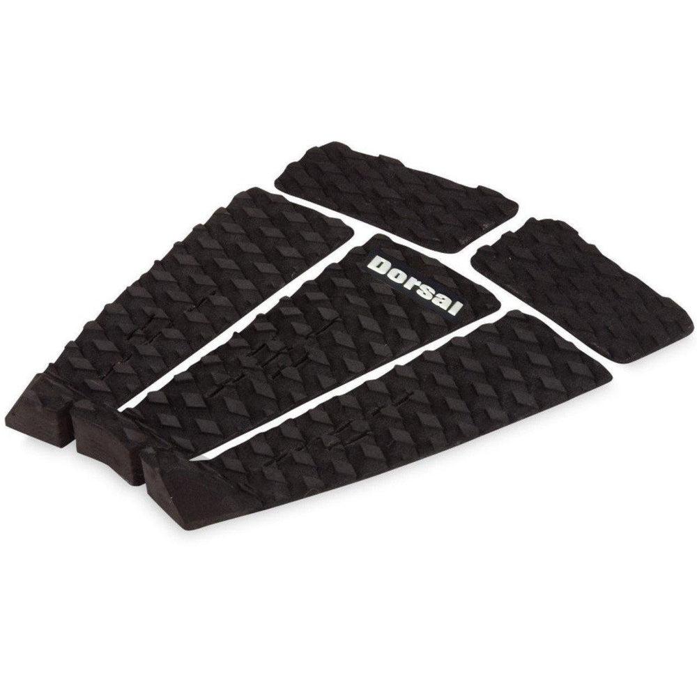 DORSAL Five 5-piece EVA surfboard traction pads with kicker tail in black and white for skimboards, surfboards, and funboards.