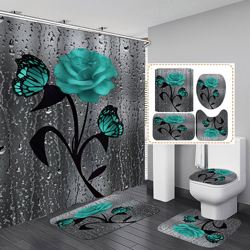 Dropshipman shower curtain 4-piece set with matching bath mat 3-piece set, featuring a stylish fabric shower curtain and coordinating mat.