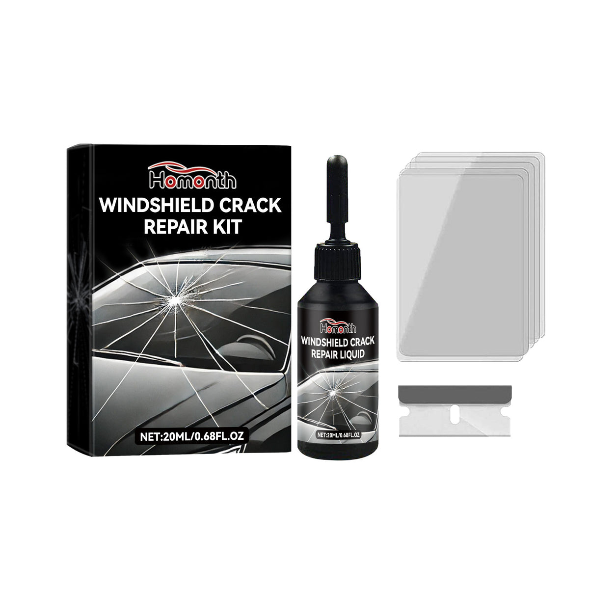 Homonth Car Windshield Crack Care Solution kit with glass adhesive liquid and repair tool for crack fixing, by Dropshipman.
