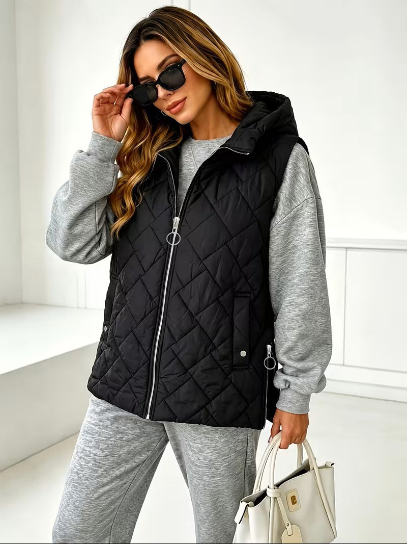Black women's cotton-padded vest, regular fit, warm and loose-fitting, designed by Dropshipman, ideal for cold weather.