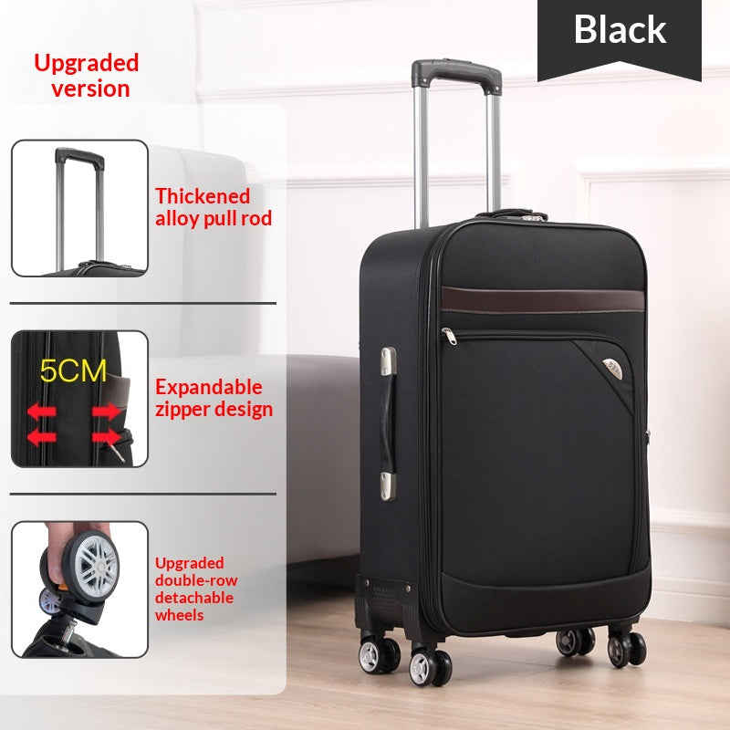 Black large-capacity canvas trolley suitcase by Dropshipman with 20-inch size and sturdy wheels for travel.