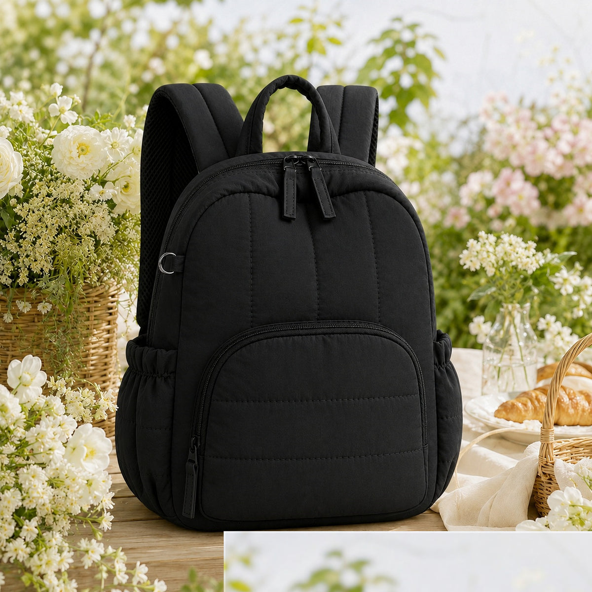 Black women's mini quilted casual backpack with adjustable straps and multiple compartments by Dropshipman.