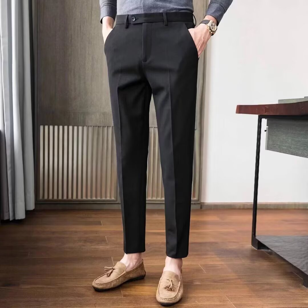 Black men's spring and autumn business formal trousers with a loose-fit straight-leg design by Dropshipman.