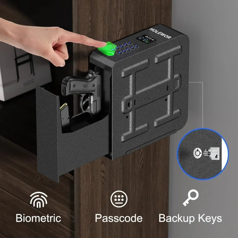 Black full steel wall-mounted anti-pry safe with screen display, ideal for home, bedside, or nightstand security.