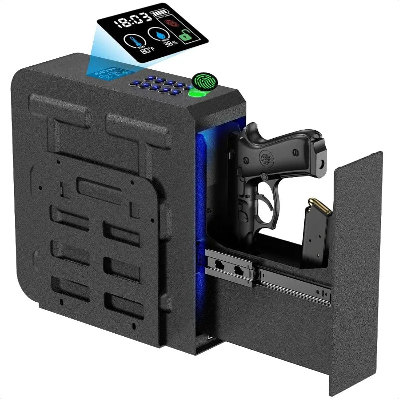 Black full steel wall-mounted anti-pry theft safe with screen display, ideal for home gun storage near bedside or nightstand.